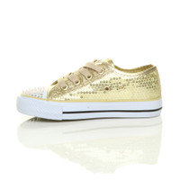 Left side view of Gold Glitter Flat Glitter Plimsolls Trainers Sneakers