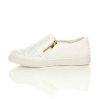 Left side view of White Suede Flat Diamante Gold Zip Plimsolls Trainers