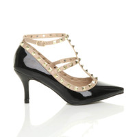 Right side view of Black Patent Mid High Heel T-Bar Studded Pointed Court Shoes