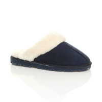 Front right side view of Navy Suede Fur Lined Winter Luxury Mules Slippers