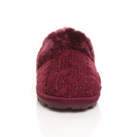 Front view of Burgundy Glitter Knit Fur Lined Winter Luxury Mules Slippers