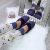 Model wearing Purple Glitter Knit Fur Lined Winter Luxury Mules Slippers