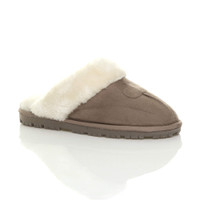 Front right side view of Mocha Suede Fur Lined Winter Luxury Mules Slippers