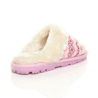 Back right side view of Pink Fairisle Knit Fur Lined Winter Luxury Mules Slippers