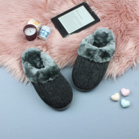 Grey Knit Fur Lined Winter Luxury Mules Slippers