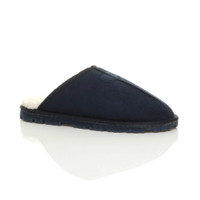 Front right side view of Navy Suede Flat Fur Lined Luxury Mules Slippers