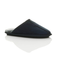 Front right side view of Navy Winter Fur Lined Memory Foam Mules Slippers House Shoes