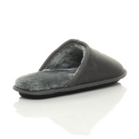 Back right side view of Grey Winter Fur Lined Memory Foam Mules Slippers House Shoes