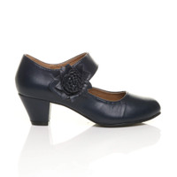 Right side view of Navy PU Flower Mary Jane Padded Comfort Court Shoes