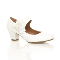 Front right side view of White PU Flower Mary Jane Padded Comfort Court Shoes