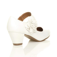 Back right side view of White PU Flower Mary Jane Padded Comfort Court Shoes