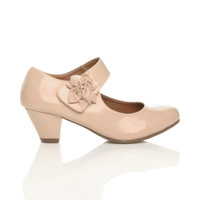 Right side view of Nude Patent Flower Mary Jane Padded Comfort Court Shoes