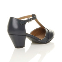 Back right side view of Navy PU Mid Heel T-Bar Brogue Shoes Sandals