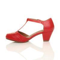 Left side view of Red PU Mid Heel T-Bar Brogue Shoes Sandals