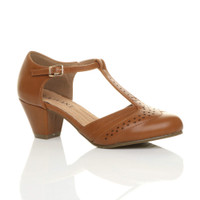Front right side view of Tan PU Mid Heel T-Bar Brogue Shoes Sandals