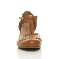 Front view of Tan PU Mid Heel T-Bar Brogue Shoes Sandals