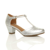 Front right side view of Silver PU Mid Heel T-Bar Brogue Shoes Sandals
