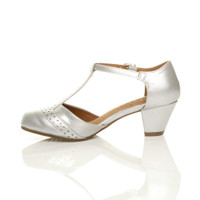 Left side view of Silver PU Mid Heel T-Bar Brogue Shoes Sandals