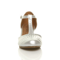 Front view of Silver PU Mid Heel T-Bar Brogue Shoes Sandals