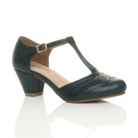 Front right side view of Dark Teal Green PU Mid Heel T-Bar Brogue Shoes Sandals