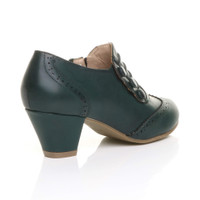 Back right side view of Teal Green PU Mid Heel Buttons Brogue Ankle Boots Booties
