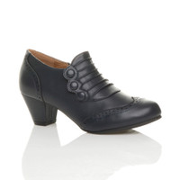 Front right side view of Navy PU Mid Heel Buttons Brogue Ankle Boots Booties