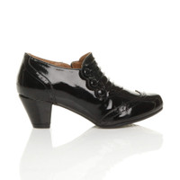 Right side view of Black Patent Mid Heel Buttons Brogue Ankle Boots Booties