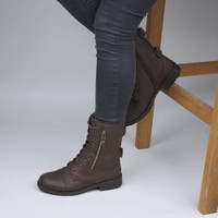 Model wearing Brown PU Low Heel Zip Military Ankle Boots