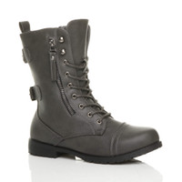 Front right side view of Grey PU Low Heel Zip Military Ankle Boots