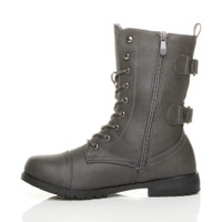 Left side view of Grey PU Low Heel Zip Military Ankle Boots