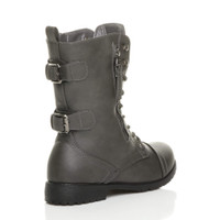 Back right side view of Grey PU Low Heel Zip Military Ankle Boots