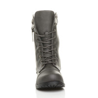 Front view of Grey PU Low Heel Zip Military Ankle Boots