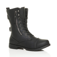 Front right side view of Black PU Low Heel Zip Military Ankle Boots