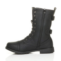 Left side view of Black PU Low Heel Zip Military Ankle Boots
