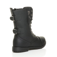 Back right side view of Black PU Low Heel Zip Military Ankle Boots