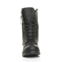 Front view of Black PU Low Heel Zip Military Ankle Boots