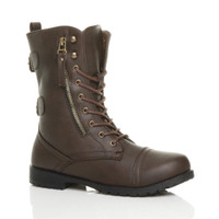 Front right side view of Brown PU Low Heel Zip Military Ankle Boots
