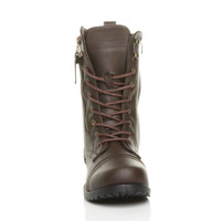 Front view of Brown PU Low Heel Zip Military Ankle Boots