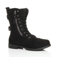 Front right side view of Black Suede Low Heel Zip Military Ankle Boots