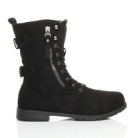 Right side view of Black Suede Low Heel Zip Military Ankle Boots