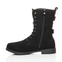 Left side view of Black Suede Low Heel Zip Military Ankle Boots