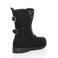 Back right side view of Black Suede Low Heel Zip Military Ankle Boots