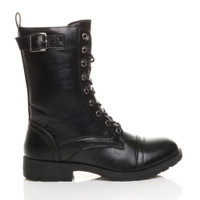 Right side view of Black PU Low Heel Lace Up Zip Biker Army Military Combat Ankle Boots