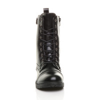 Front view of Black PU Low Heel Lace Up Zip Biker Army Military Combat Ankle Boots