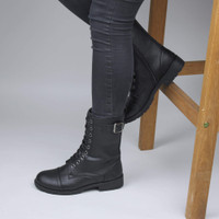 Model wearing Black PU Low Heel Lace Up Zip Biker Army Military Combat Ankle Boots