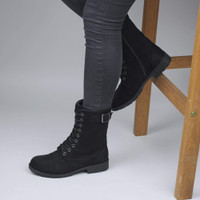 Model wearing Black Suede Low Heel Lace Up Zip Biker Army Military Combat Ankle Boots