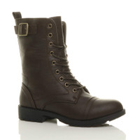 Front right side view of Brown PU Low Heel Lace Up Zip Biker Army Military Combat Ankle Boots