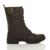 Right side view of Brown PU Low Heel Lace Up Zip Biker Army Military Combat Ankle Boots