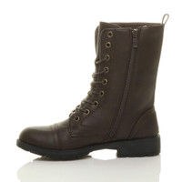 Left side view of Brown PU Low Heel Lace Up Zip Biker Army Military Combat Ankle Boots