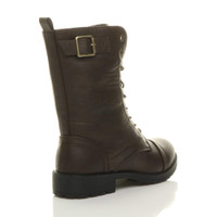 Back right side view of Brown PU Low Heel Lace Up Zip Biker Army Military Combat Ankle Boots